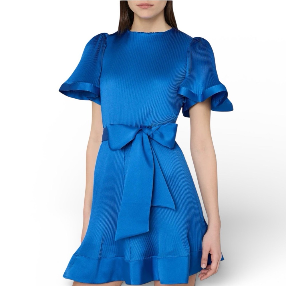Milly Lumi Pleated Mini Dress Size 6 Blue Satin  Flounce Hem‎